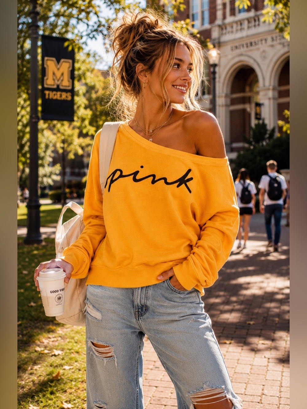 Victoria’s Secret PINK Off Shoulder Logo Sweatshirt Yellow Y2K Size M NWT